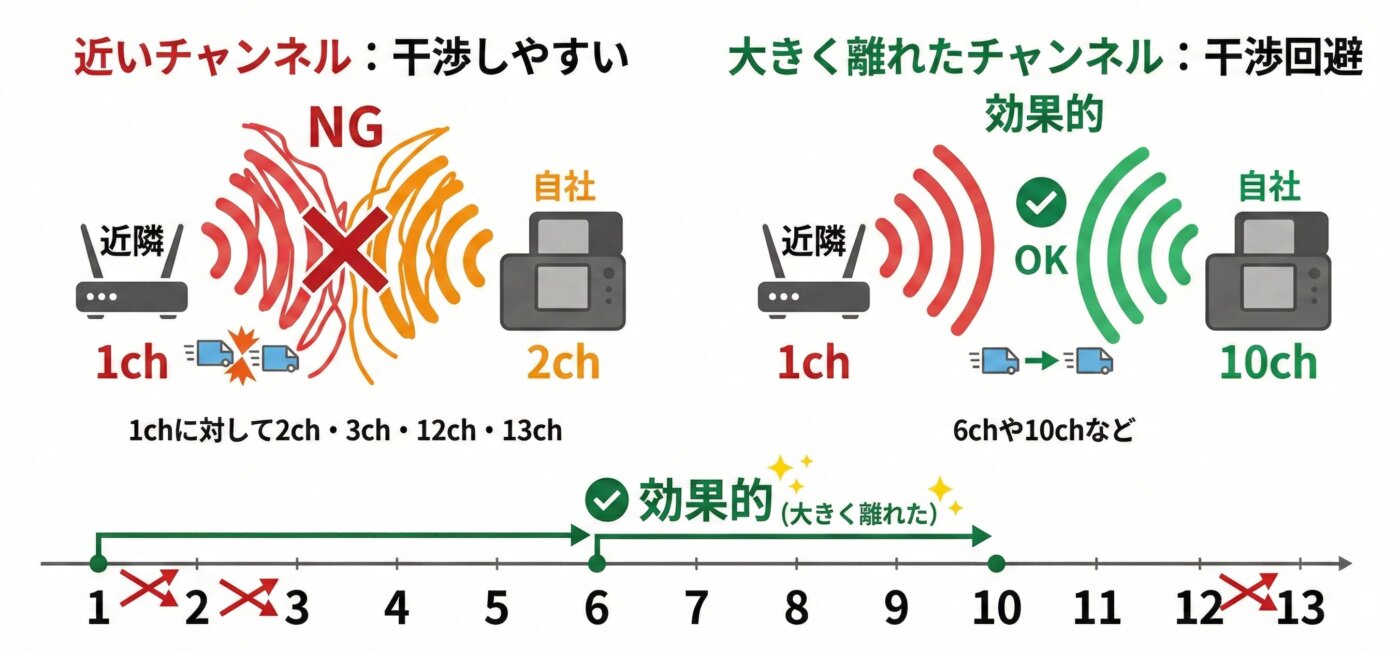 近くの数値と干渉しない数値のチャンネルを選ぶようにする