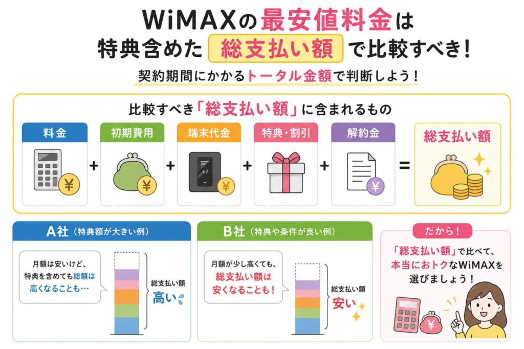 WiMAXの料金比較のポイント（総支払い額＝月額・初期費用・端末代・特典・解約金の合計で判断、安さの見極め方の比較）