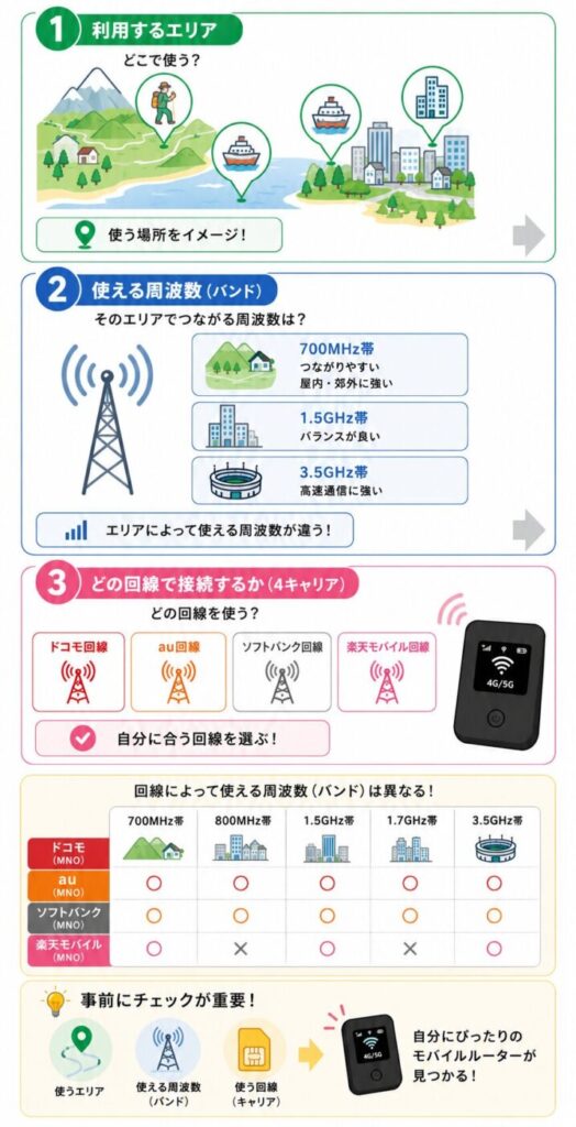 ルーター選びの重要ポイントは「利用エリア」「利用回線」「対応バンド」をしっかりチェックすることで、最も自分に適したルーターを選ぶことができる。