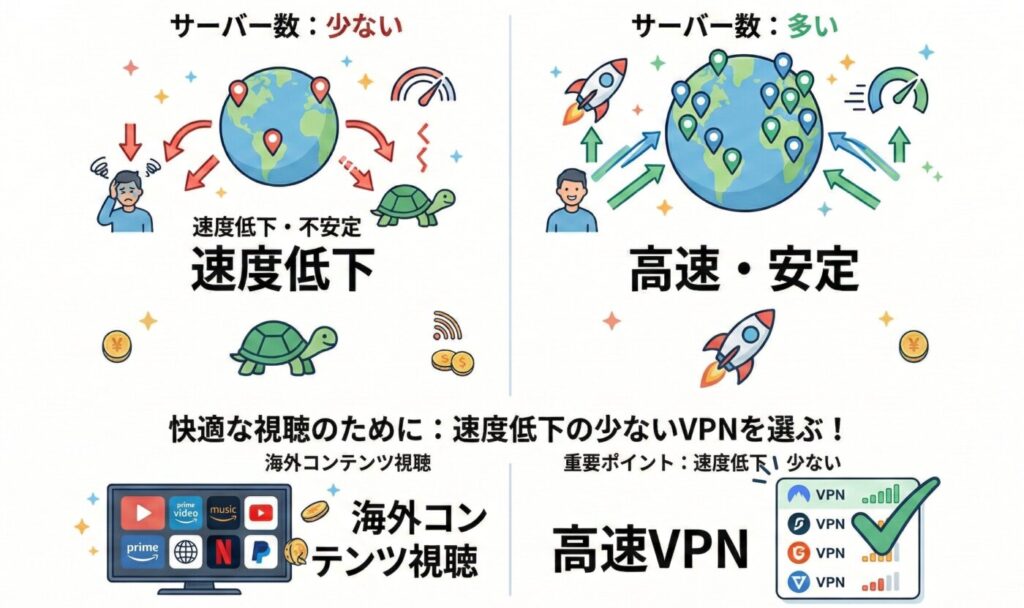 サーバー数が多いVPNであれば混雑を回避しやすく通信品質を維持できる。