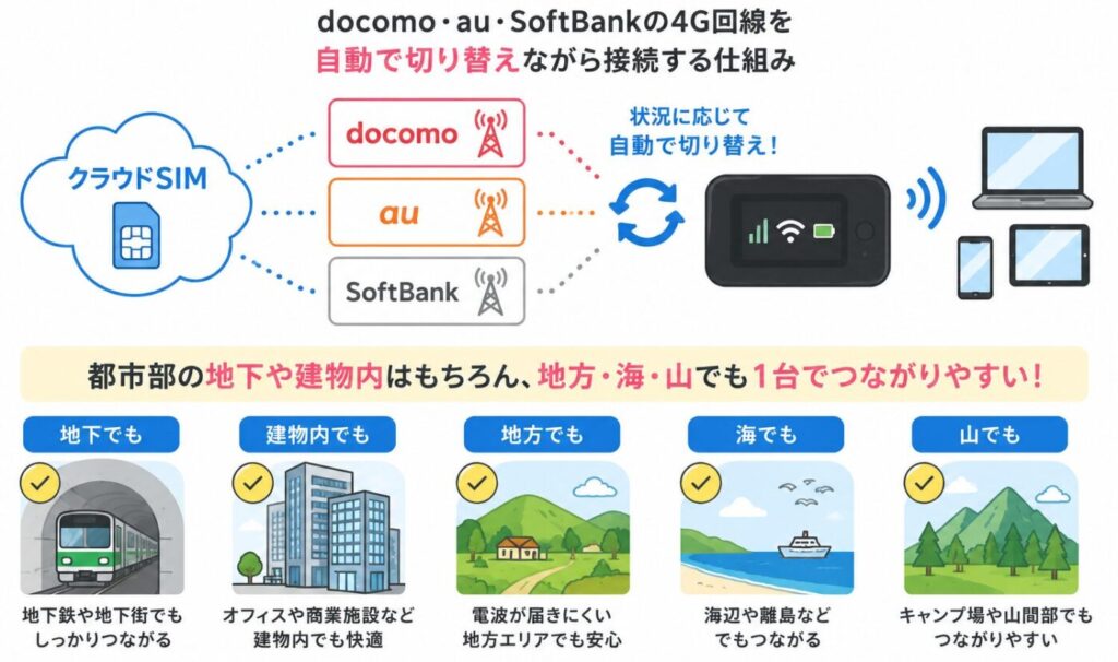 クラウドSIMがdocomo・au・SoftBankの4G回線を自動で切り替えながら接続し、地下・建物内・地方・海・山など幅広いエリアでつながりやすい