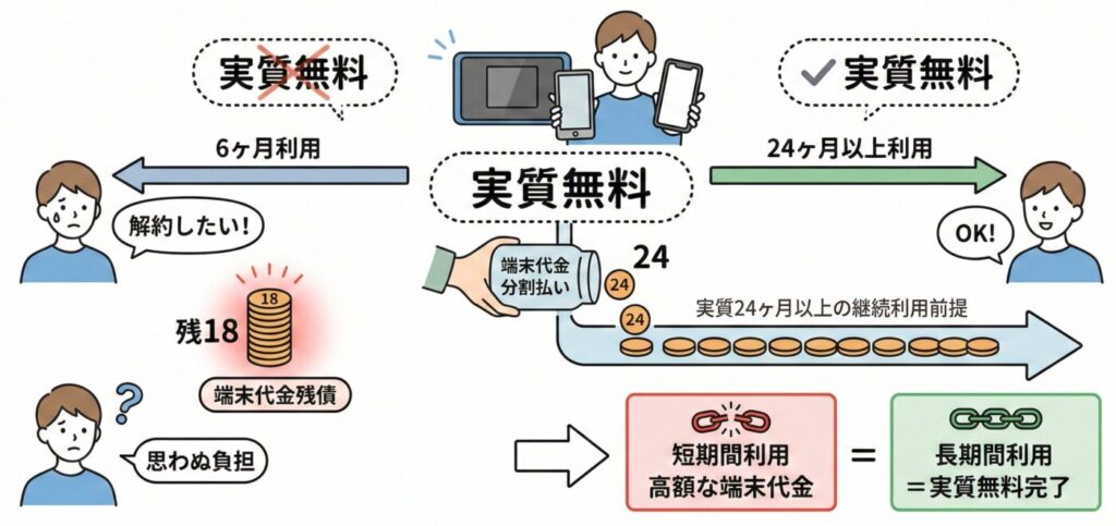ほとんどのWiMAXプロバイダは契約期間の縛りはないが端末代金支払による実質的な契約縛りが発生している