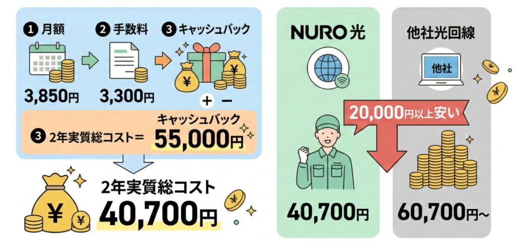 特典を含めたNURO光マンションの総コストは他社光回線の同じマンションタイプに比べて2万円ほど安くなる