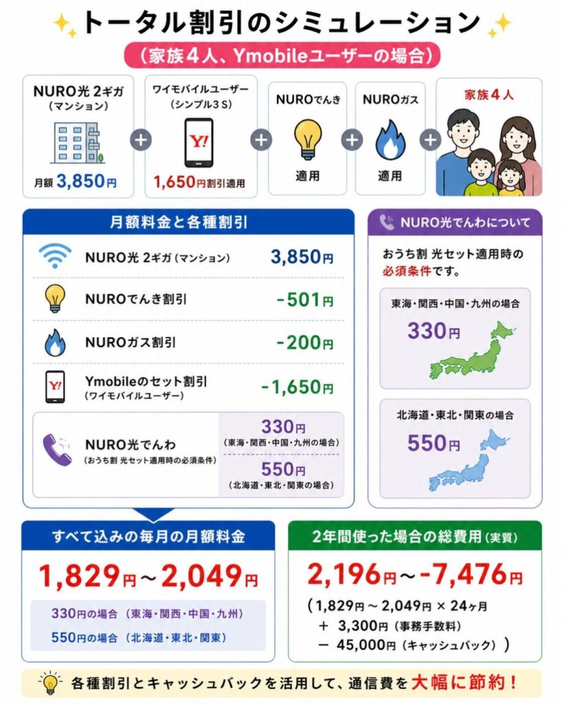 NURO光マンション2ギガの割引シミュレーション、家族4人のワイモバイル利用で各種割引適用後の月額1,829円〜2,049円と2年間の総費用