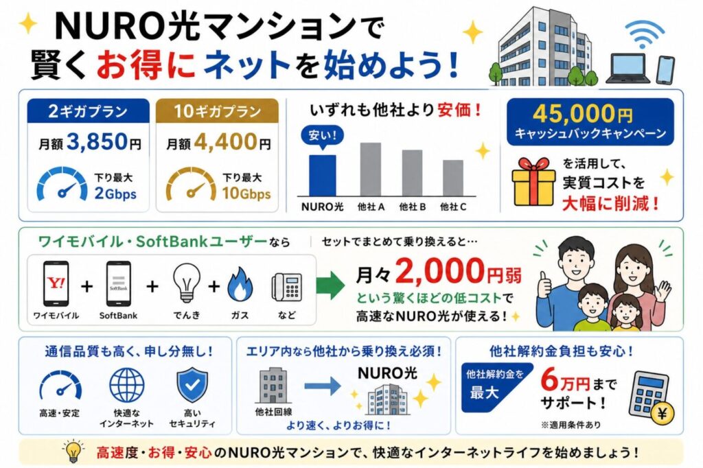 NURO光マンションの料金とメリット、2ギガ・10ギガの安さや45,000円キャッシュバック、セット割で月額約2,000円になる例や乗り換え特典をまとめ
