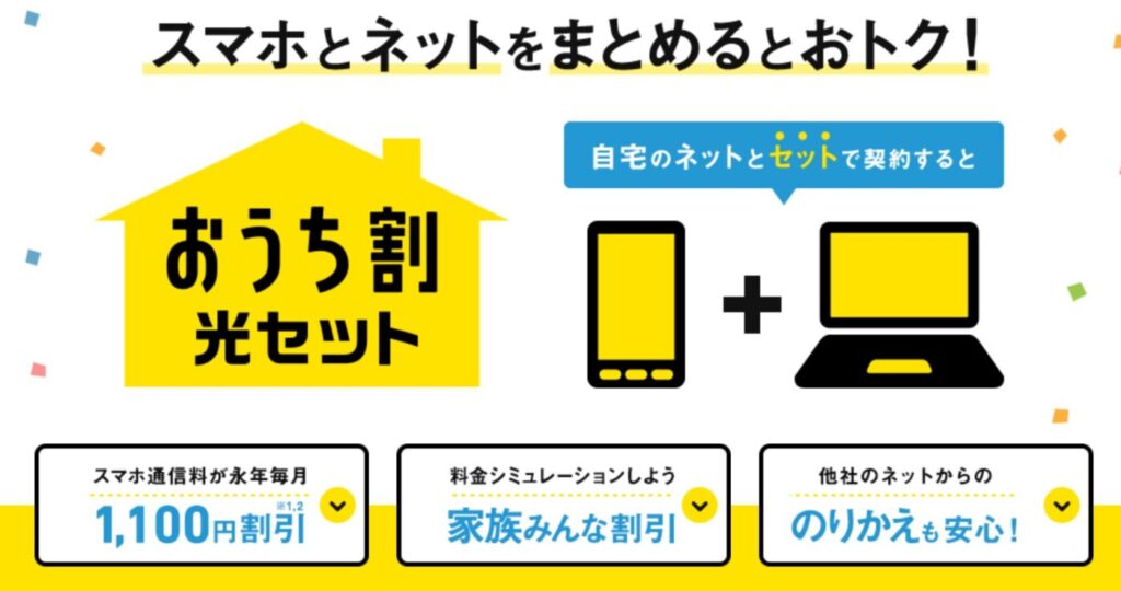 NURO光とソフトバンクスマホのセットで対象となるおうち割光セットは毎月1,100円の割引が適用
