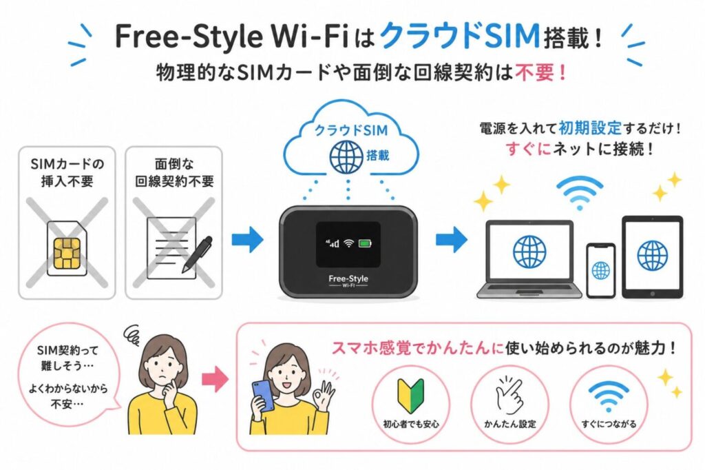 Free-Style Wi-FiのクラウドSIM搭載で、SIMカード不要・契約不要・初期設定だけですぐインターネット接続できる流れ