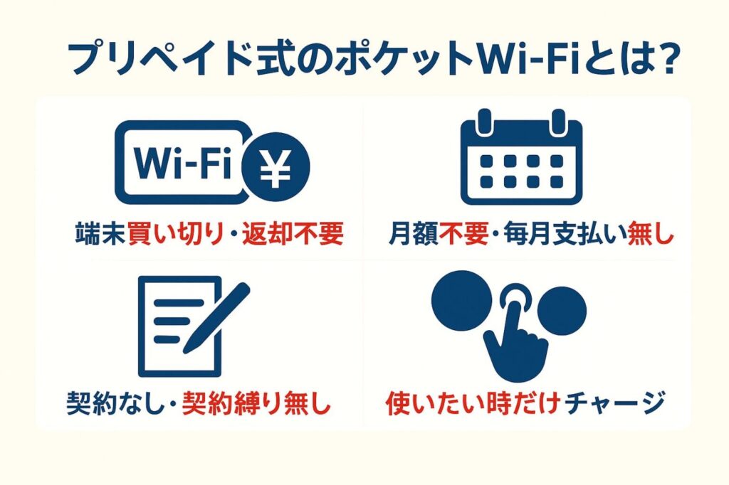 「プリペイド式のポケットWi-Fiとは？」

①端末買い切り、返却不要
②月額不要・毎月支払い無し
③契約なし・契約縛り無し
④使いたい時だけチャージ