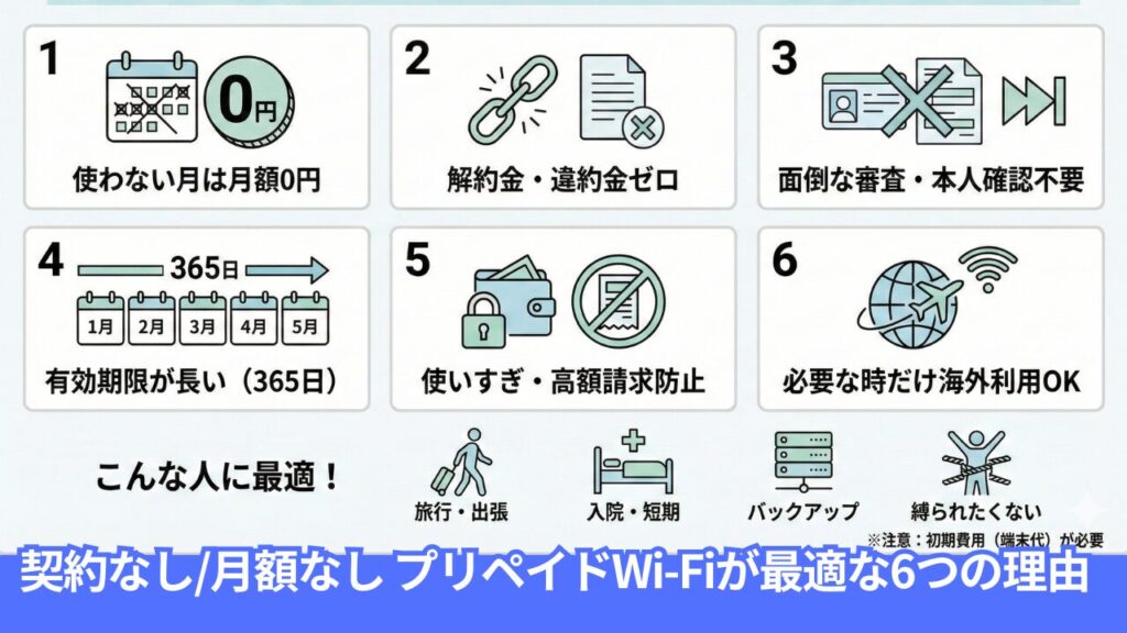 契約なし・月額なしのポケットWi-Fiを選ぶなら?プリペイド型が最適な理由は「使わない月は0円」「解約・契約縛りなし」「審査不要」「有効期限が長い」「使いすぎの防止」「海外での利用」で多くの場面で最適に使える