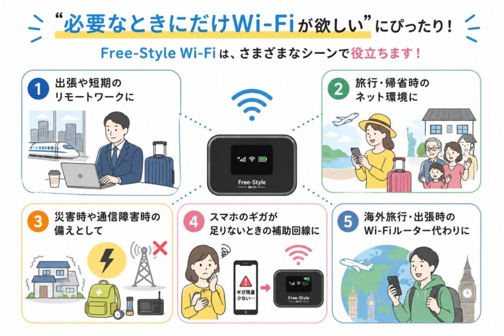 Free-Style Wi-Fiが活躍する5つの利用シーン（出張・旅行・災害対策・スマホの通信量不足・海外利用）をまとめた利用例