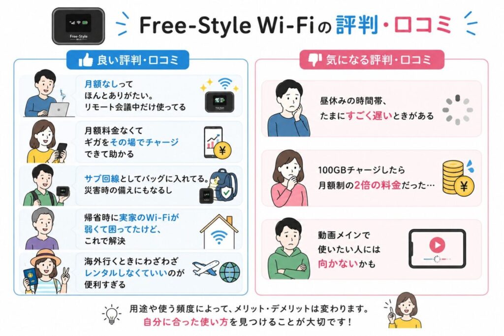 Free-Style Wi-Fiの評判・口コミまとめ。月額不要やギガチャージの便利さ、災害対策や旅行利用の評価と、速度低下や料金面の注意点を紹介