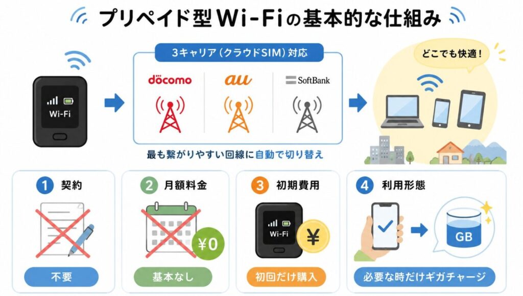 プリペイド型Wi-Fiの基本的な仕組み。ドコモ・au・SoftBankの3キャリア回線を自動切り替えし、契約不要・月額料金なし・初回端末購入のみ・必要な時だけギガチャージで使える。