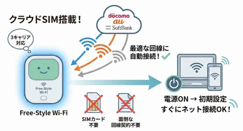 クラウドSIM採用で、契約・SIM不要ですぐ使える