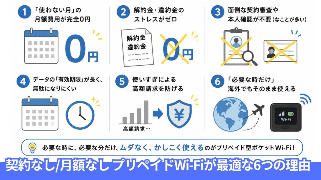 プリペイド型ポケットWi-Fiの主なメリット。使わない月は0円、解約金なし、審査不要、有効期限が長い、高額請求防止、海外利用対応。