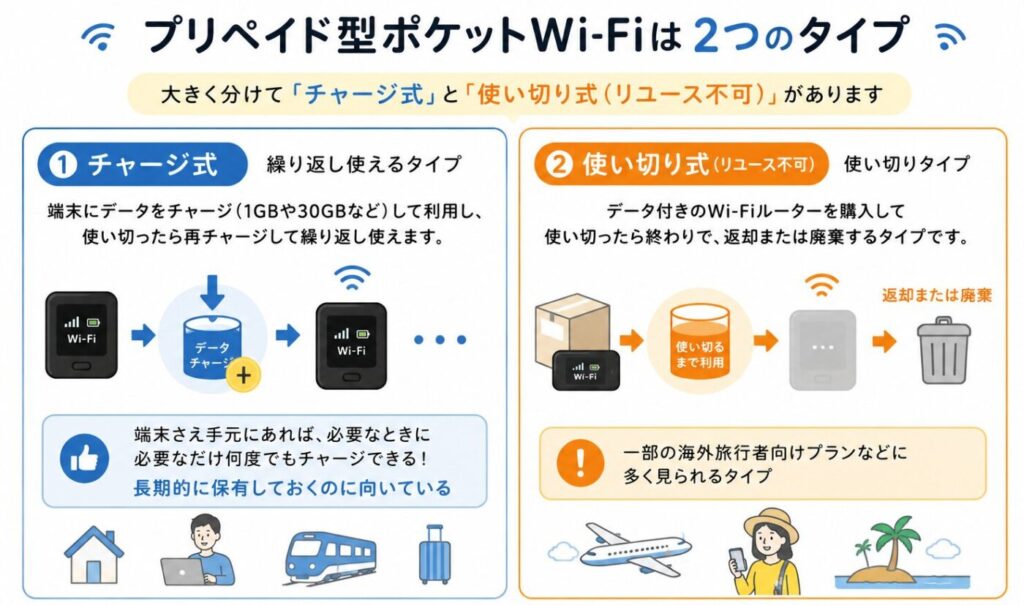 プリペイド型ポケットWi-Fiの2つのタイプ比較。チャージ式はデータを追加購入して繰り返し使えるタイプ、使い切り式はデータ付き端末を使い切ったら返却または廃棄するタイプ。