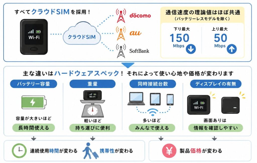 プリペイド型ポケットWi-Fiの特徴。クラウドSIM対応でドコモ・au・SoftBank回線を利用し、下り最大150Mbps・上り最大50Mbpsに対応。バッテリー容量・重量・同時接続台数・ディスプレイ有無によって連続使用時間や携帯性、価格が変わる。
