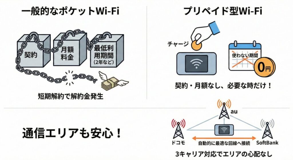 プリペイド型は契約や月額料金の縛りがないため、必要なときだけ使い、使わない期間は一切費用がかからないという、非常にシンプルで柔軟な使い方ができます。