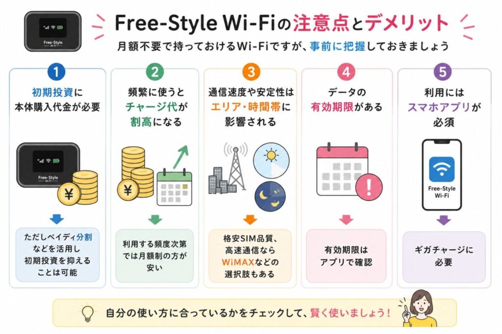 Free-Style Wi-Fiの注意点5つ（本体購入費用・チャージ料金・通信速度の変動・データ有効期限・アプリ必須）と対策ポイント