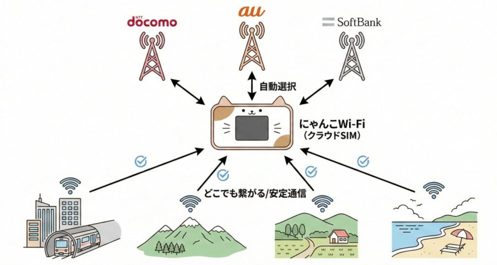 にゃんこWi-Fiは大手3キャリアのエリアが使えるクラウドSIMを採用し全国的につながりやすいのがメリット