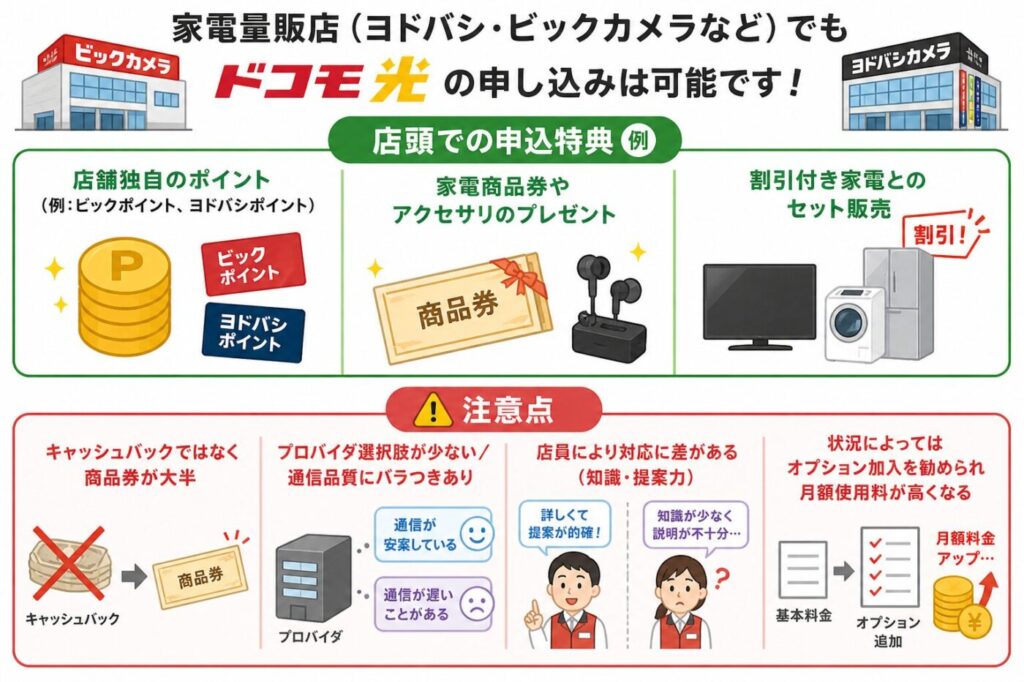家電量販店でのドコモ光申込み特典と注意点（ポイント付与・商品券・家電セット割引・オプション加入リスク・プロバイダ制限）