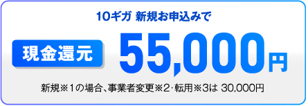 ドコモ光 OCN インターネットの10ギガのキャッシュバックは55,000円