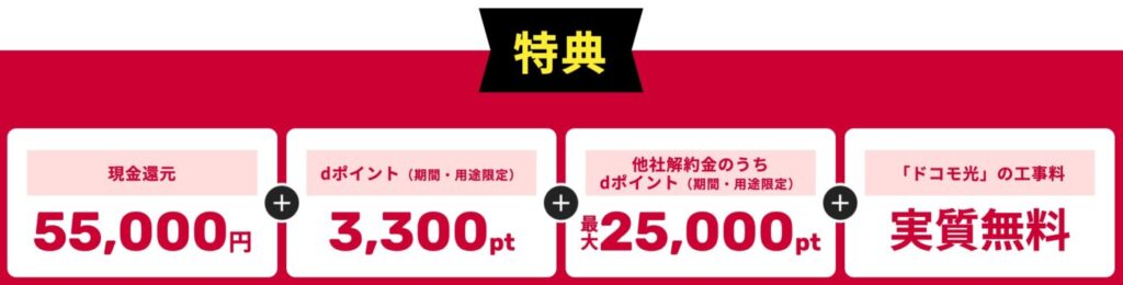 ドコモ光をOCN インターネット経由で申込みすると55000円のキャッシュバック特典がある