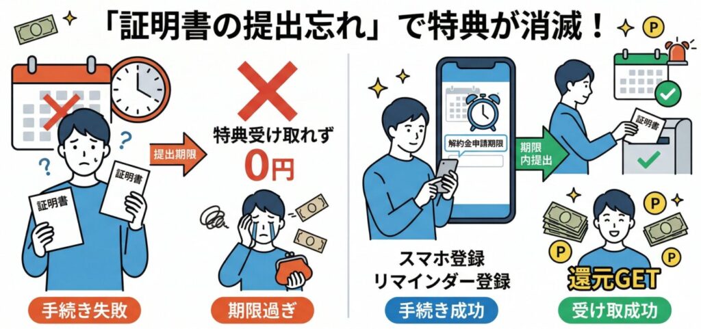 注意点②：申請期限はいつ？「証明書の提出」を忘れると0円に