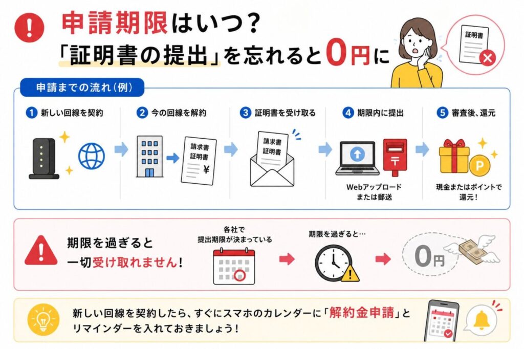 申請期限内に証明書を提出しないと解約金負担キャンペーンを受け取れなくなる流れ