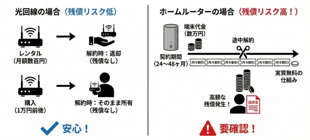 端末（ルーターなど）の残債は契約期間中に解約した場合、数万円単位の高額な端末残債が発生する可能性があります。