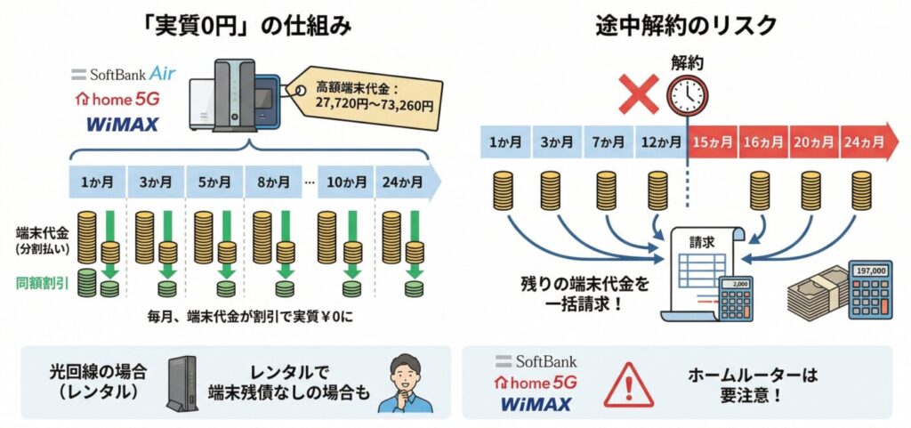 端末（ルーターなど）の残債は契約期間中に解約した場合、数万円単位の高額な端末残債が発生する可能性があります。
