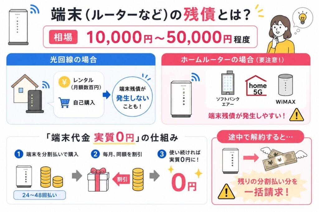 端末残債の仕組みと、ホームルーターを途中解約すると残りの端末代金が一括請求されるケース