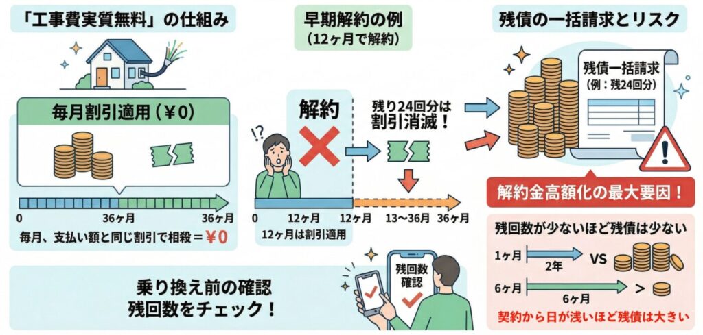 工事費残債は実質無料となる期間内で解約する場合に発生する残りの残債支払い