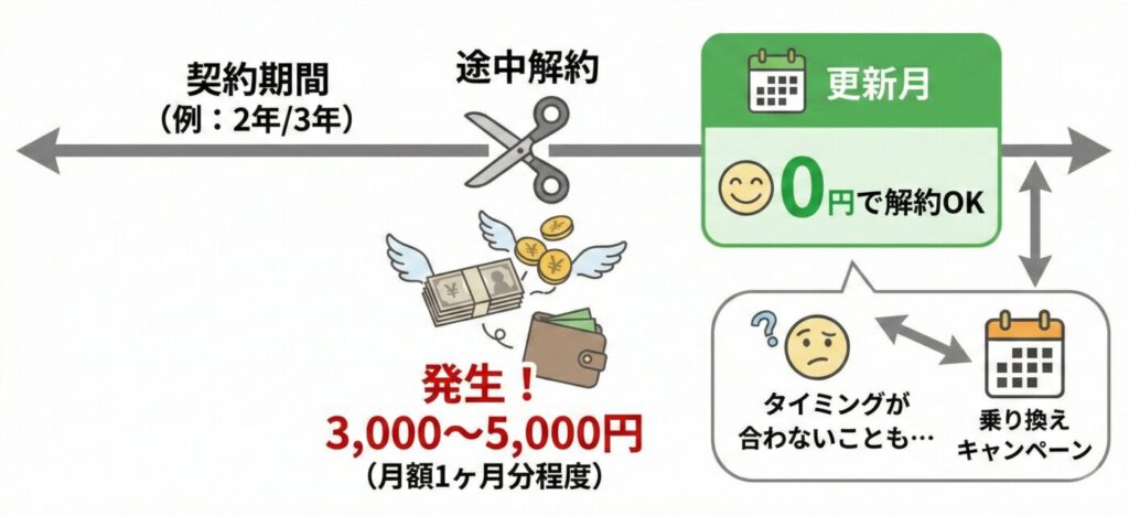 光回線やホームルーターサービスでは「2年契約」「3年契約」といった契約期間の途中で解約すると発生します。