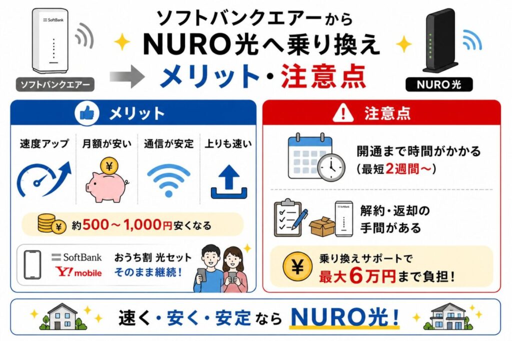 ソフトバンクエアーからNURO光への乗り換えメリットとデメリット、速度向上や料金の安さと開通までの期間や解約手続きの手間を比較