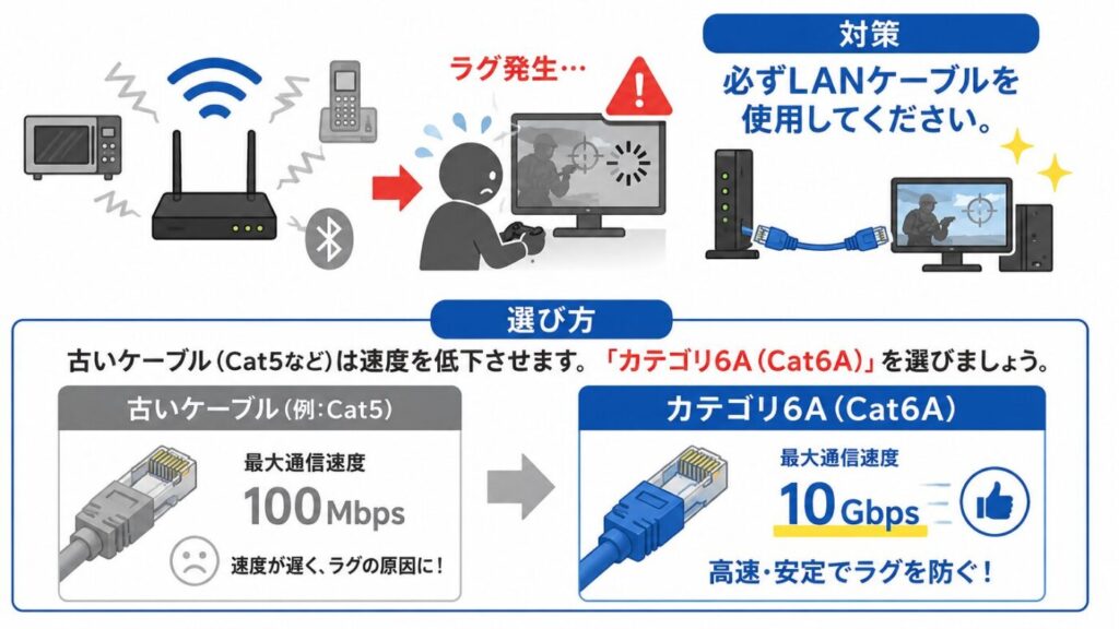 ARC Raidersの有線LAN接続とCat6Aケーブル推奨内容、Wi-Fi接続時のラグ発生イメージと旧規格ケーブル比較内容