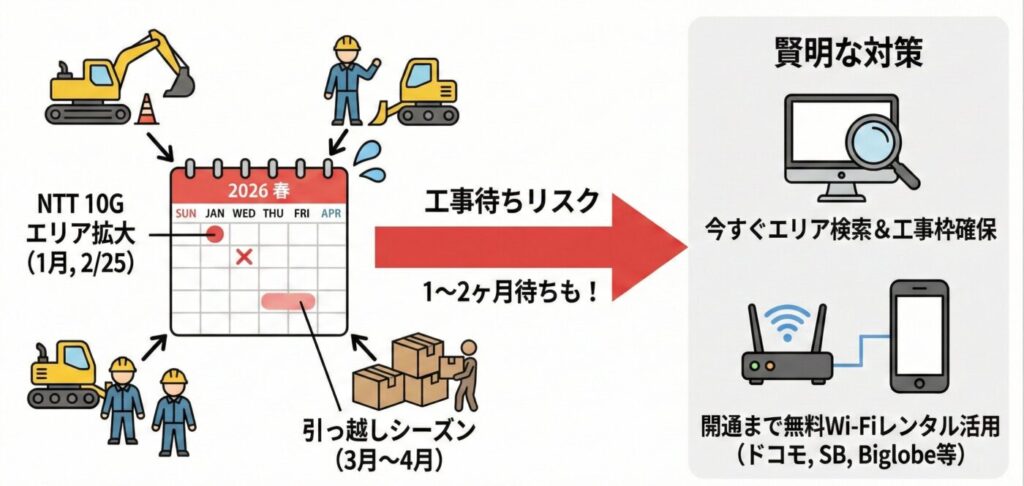 今回沖縄のNTTフレッツ光の10ギガエリア拡大は2026年1月と2026年2月25日となっており、3月〜4月の引っ越しシーズンが重なるため、沖縄県内の工事予約が非常に混み合っています。