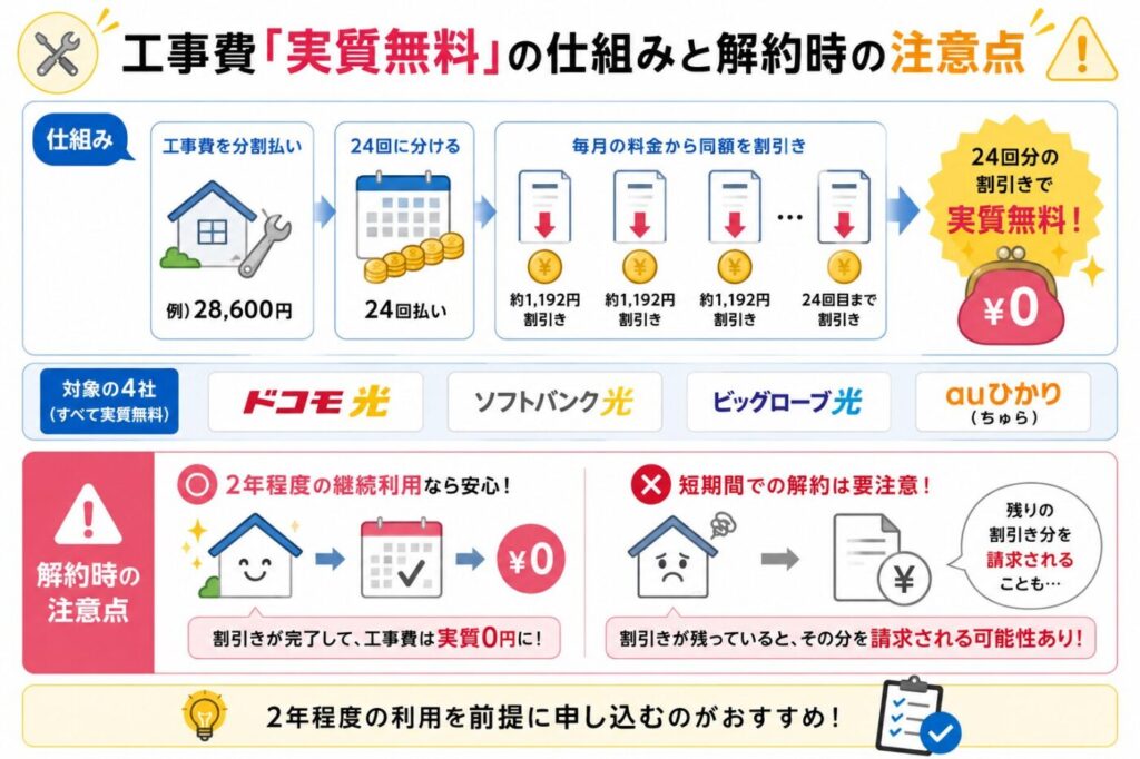 光回線の工事費実質無料の仕組みと24回分割値引き、短期解約時に残債請求される可能性