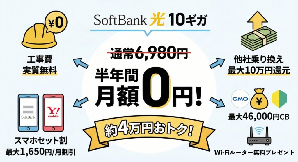 ソフトバンク光の10ギガのメリットは、工事費実質無料、半年間月額0円、ソフトバンクとワイモバイルのスマホが最大1,100〜1,650円の割引。GMO経由なら46,000円キャッシュバックやルータープレゼントあり。