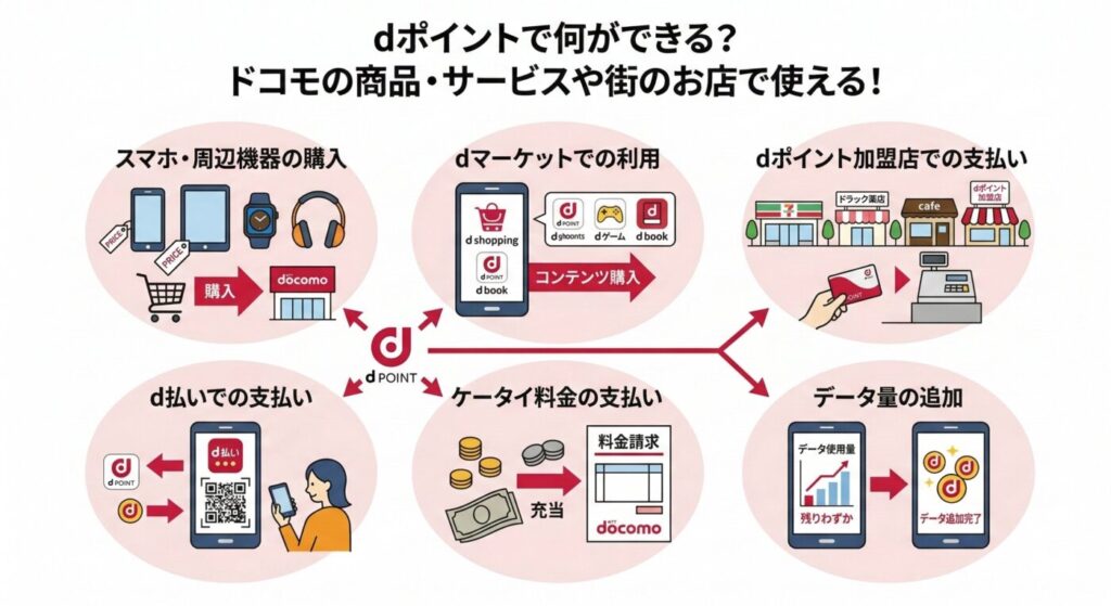 dポイントの使い道。スマホ料金やドコモ商品の購入、dマーケット、dポイント加盟店での支払い、d払いでの支払い、ケータイ料金の支払い、データ量の追加