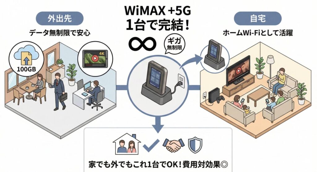 WiMAXは外出先ではデータ無制限、自宅ではクレードルへ設置してホームルーターとして使える