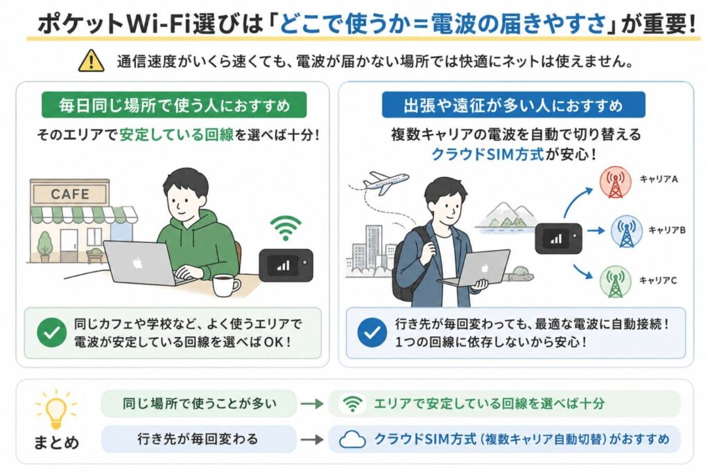 ポケットWi-Fiは通信速度より電波の届きやすさが重要。同じカフェや学校で使う人向けの回線選びと、出張や旅行が多い人向けのクラウドSIM方式を比較