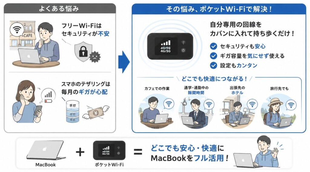 MacBookを外出先で使う際のフリーWi-Fiのセキュリティ不安やスマホのテザリングによるギガ不足と、ポケットWi-Fiならカフェ・通勤中・出張先・旅行先でも専用回線で安心してインターネット接続できる