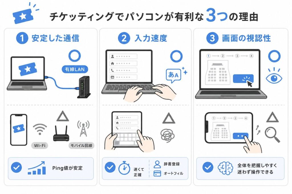 スマホと比較してパソコンが有利な理由（有線LAN・入力速度・画面の見やすさ）を3つのポイント