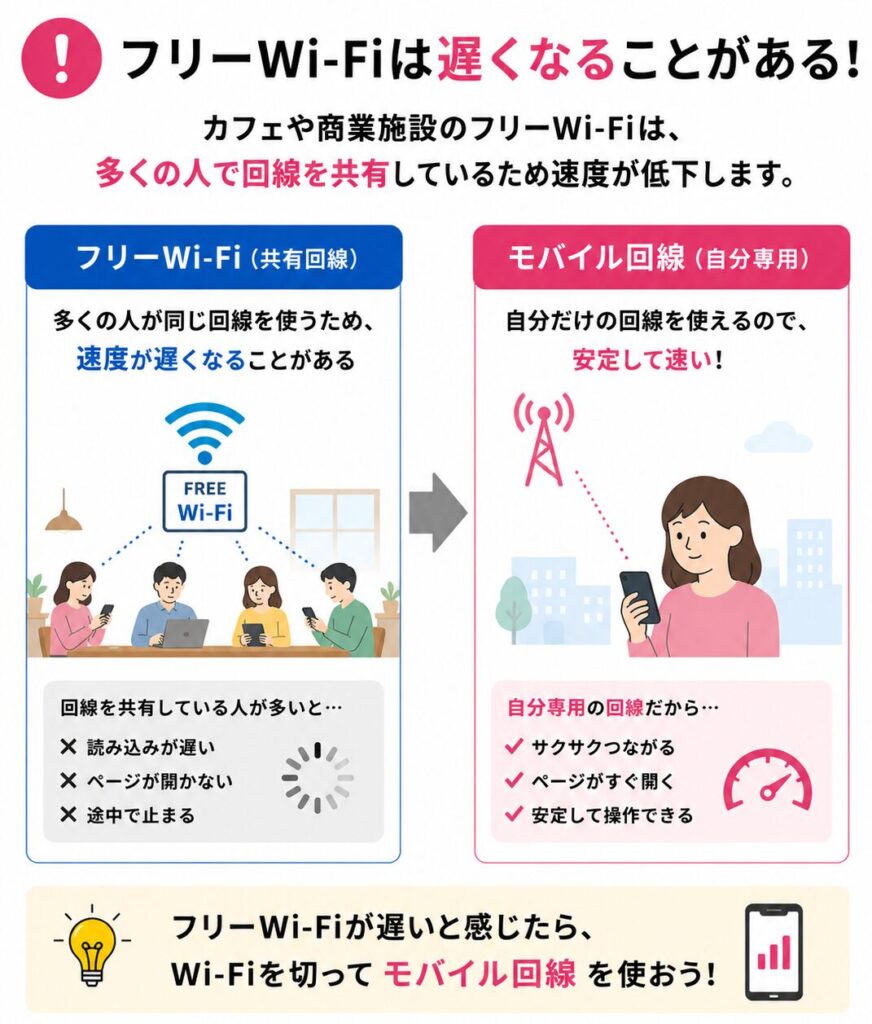 フリーWi-Fiとモバイル回線の速度差を比較し、混雑したフリーWi-Fiよりも自分のモバイル回線のほうが有利になる場合がある