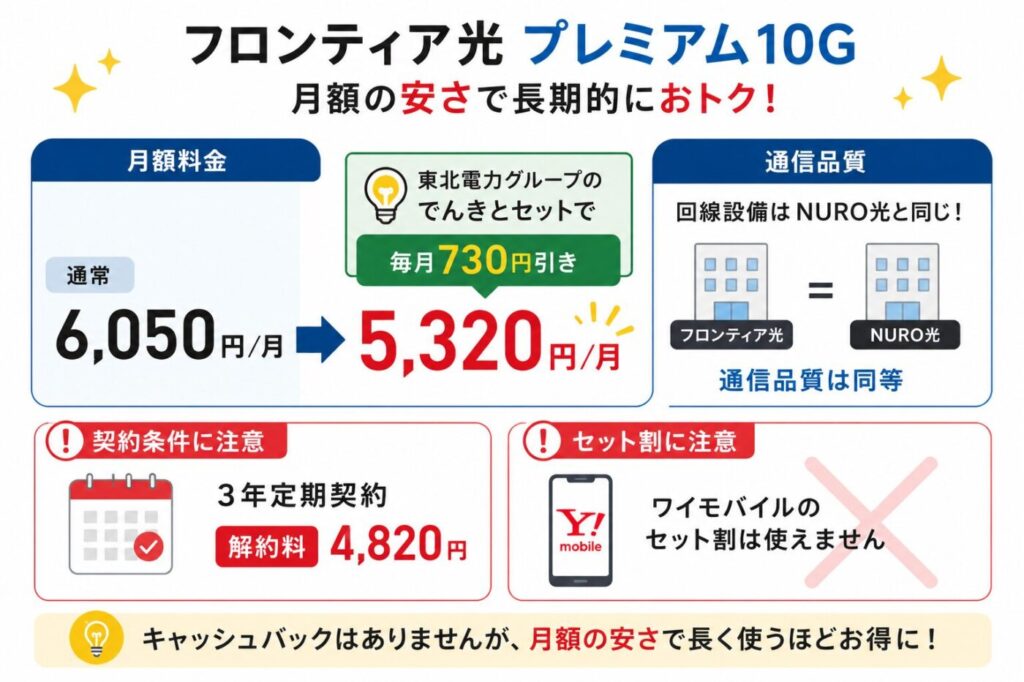 フロンティア光プレミアム10Gは月額6,050円で、東北電力グループのでんきとのセット利用で月額5,320円になり、NURO光と同等の通信品質で3年契約やワイモバイルのセット割対象外に注意が必要。