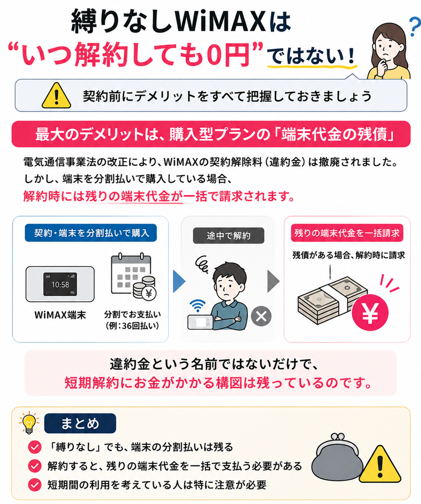 最大のデメリットが、購入型プランの端末代金の残債です。電気通信事業法の改正以降、WiMAXの契約解除料は撤廃されましたが、端末を分割払いで購入している場合、解約時には残りの端末代金が一括で請求されます。