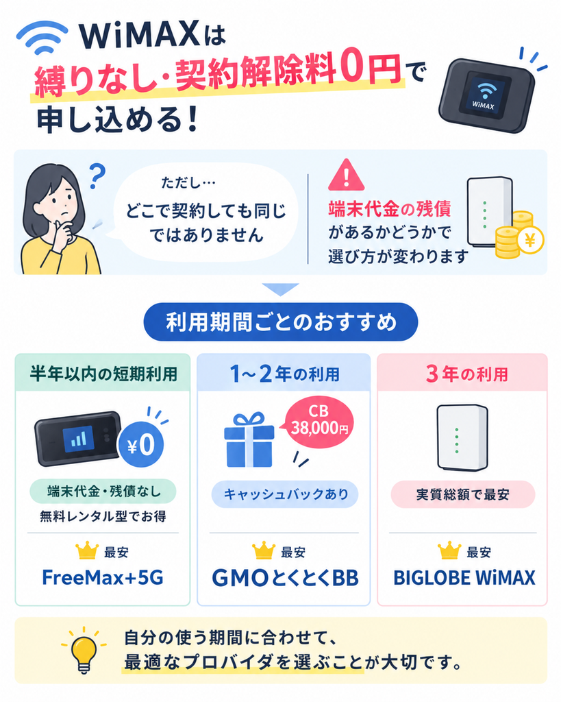 WiMAXは契約期間の縛りや解約料がなくても端末残債に注意が必要で、半年以内はFreeMax+5G、1〜2年はGMOとくとくBB、3年はBIGLOBE WiMAXが最安