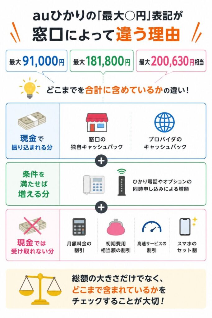 auひかりの最大還元額は、現金キャッシュバックだけでなく、オプション加入による増額や月額料金・初期費用・スマホセット割などをどこまで合計に含めるかで窓口ごとに異なる