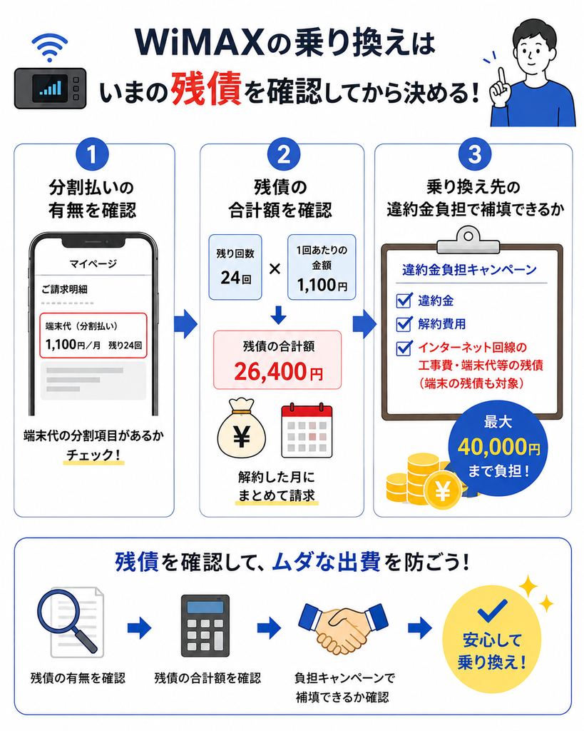 WiMAXの乗り換え前は端末の残債を確認し、残債額と乗り換え先の違約金負担キャンペーンで補填できるかをチェックする