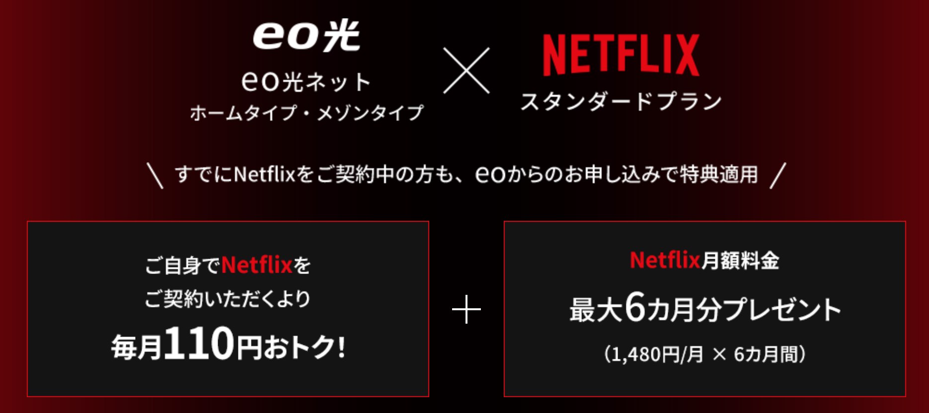 eo光ネットのNetflixパックは自分で契約するより毎月110円お得で、Netflix月額1,480円が最大6カ月分プレゼントされる